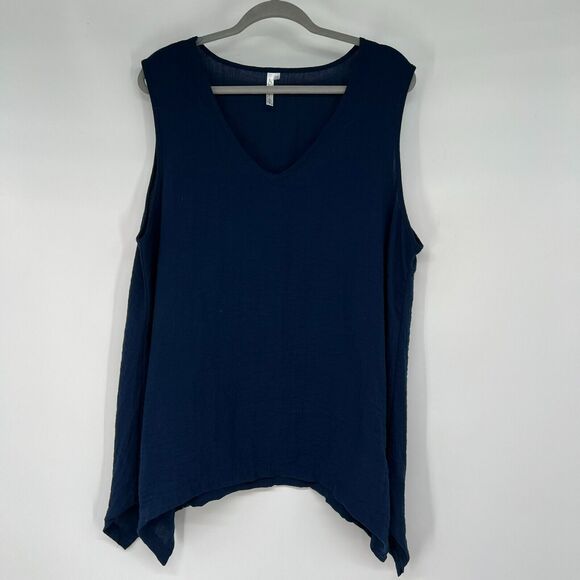 Lulu-B Tunic Tank Top Womens 1X Navy Blue Shark Bite Slit Hem V Neck Sleeveless - Picture 1 of 8
